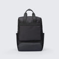 Black lightweight Oxford cloth computer backpack showing internal organisational compartments