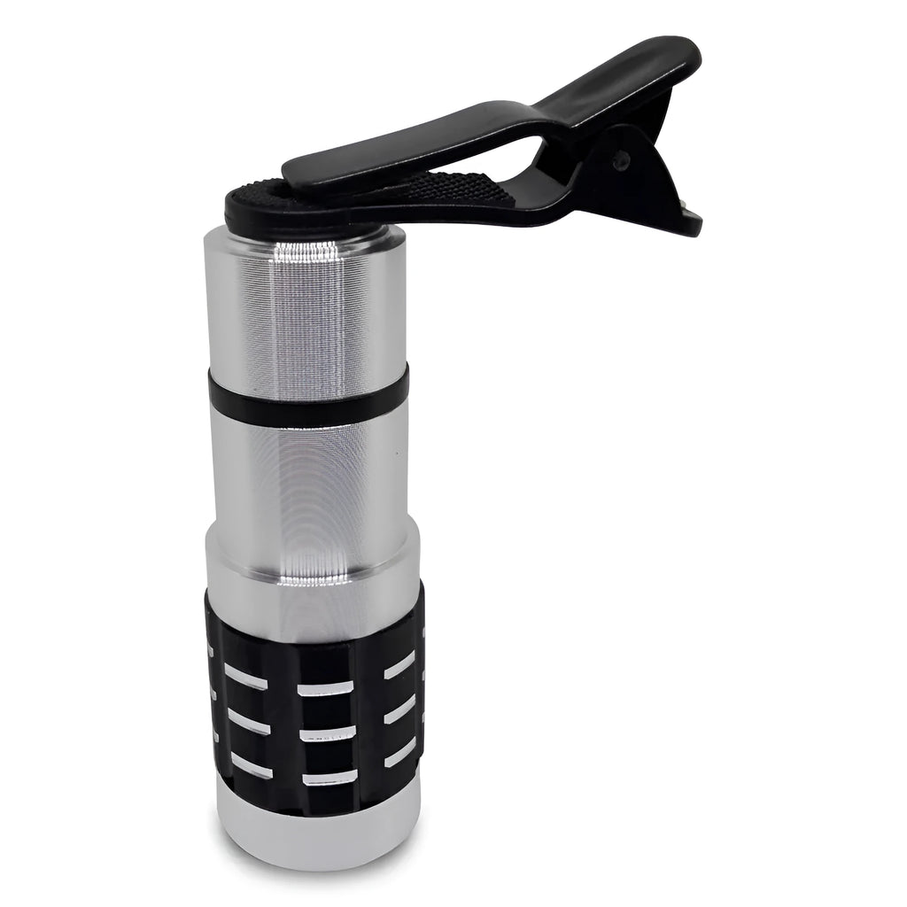 12x telescopic zoom lens with universal clip attached to a mobile phone for outdoor filming.