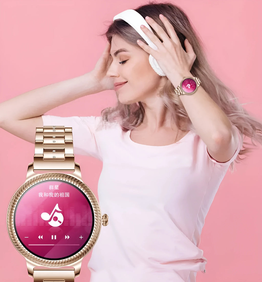 AK38 ladies smart watch with stainless steel bracelet and 1.09-inch colour display
