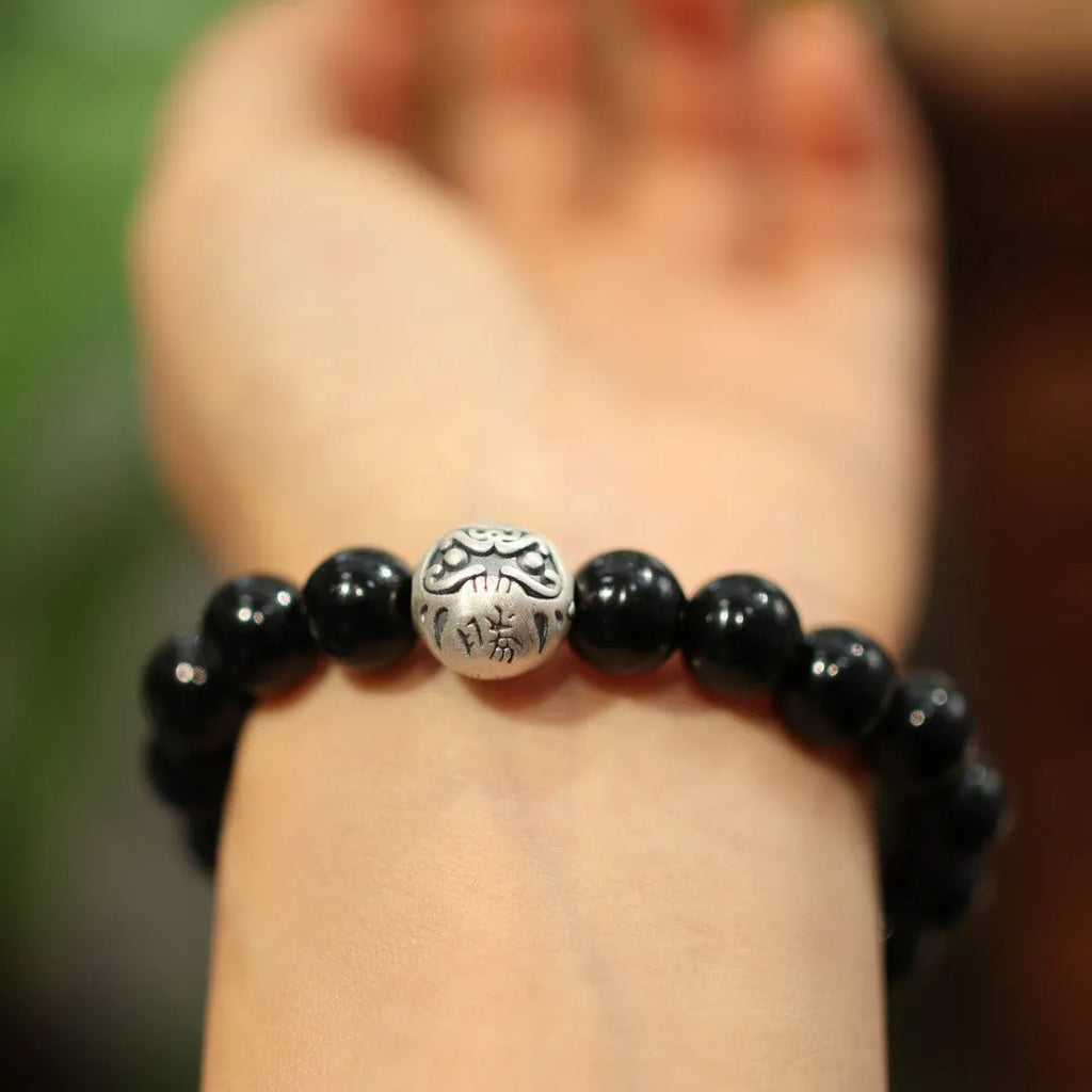 Black agate bracelet with sterling silver components in Chinese jewellery style