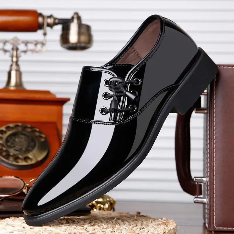 Men's black and brown formal lace-up shoes with round toe and square rubber sole.