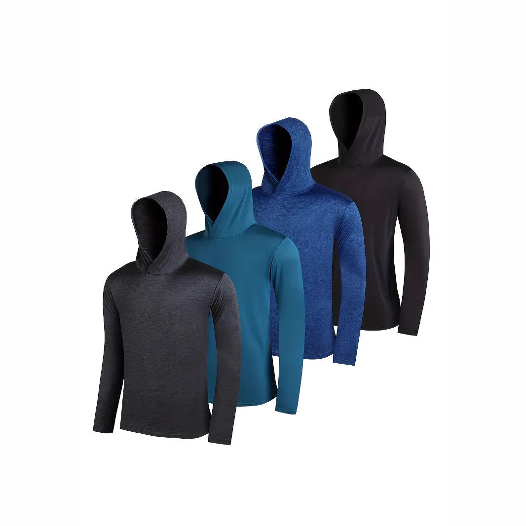 Men's lightweight polyester hoodie four-piece set in multiple colours showing hooded and non-hooded styles.