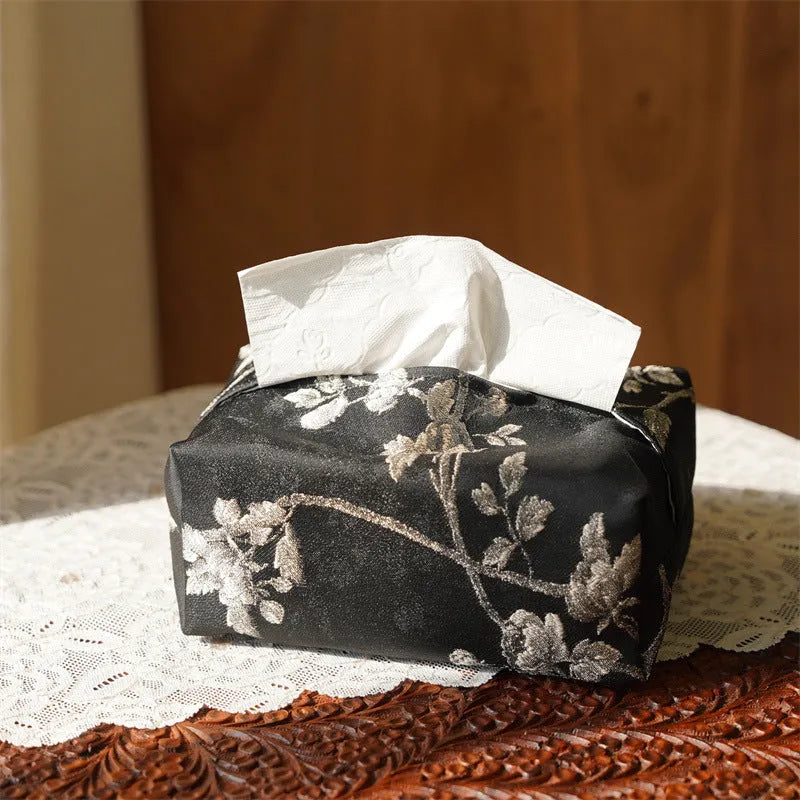 New Chinese style brocade fabric tissue box in embroidery white plum colour with optional pearl buckle
