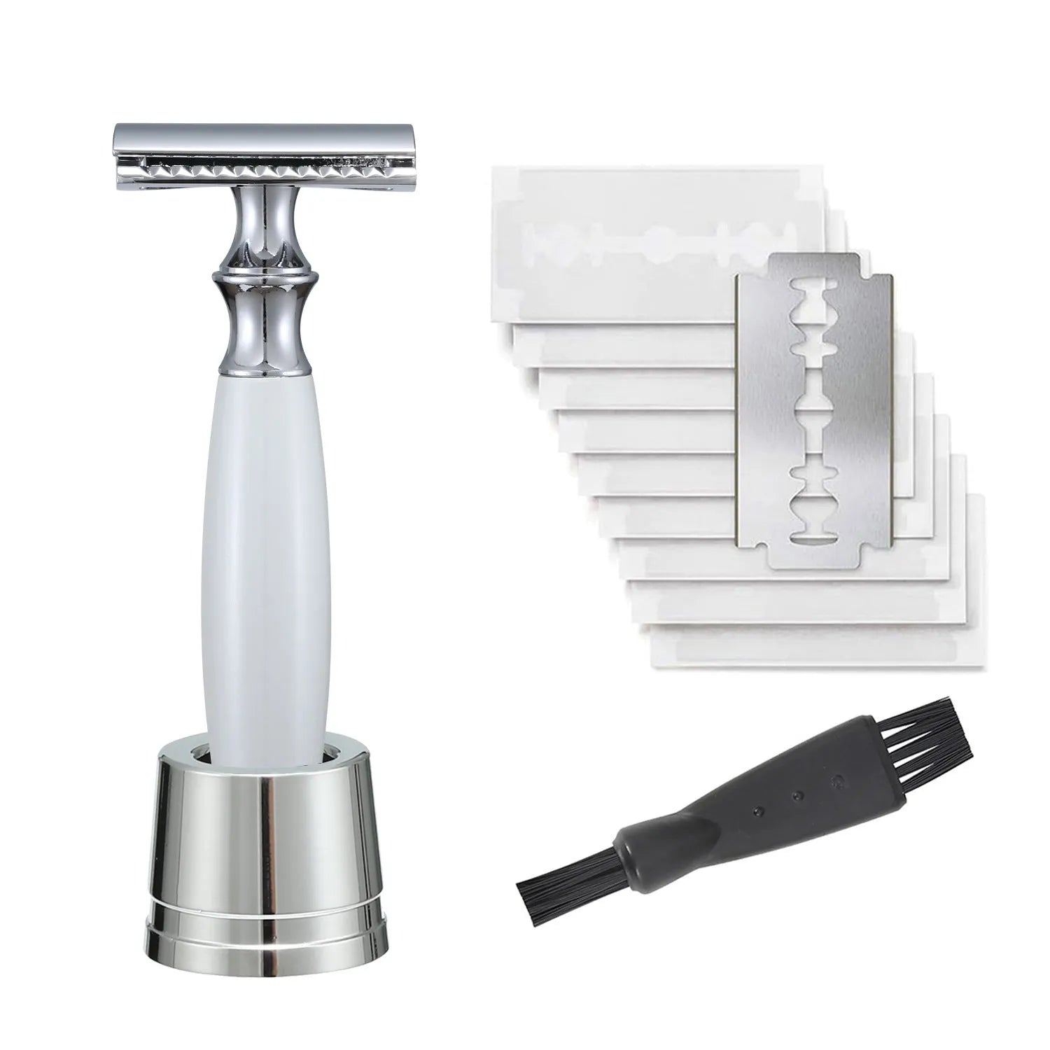 Copper manual razor with olive wood handle and aluminium blade holder on a stand.