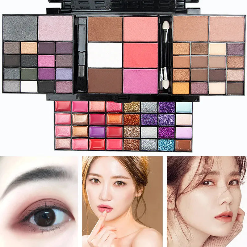 74 colour makeup combination plate with four layers, mirror, and included brushes