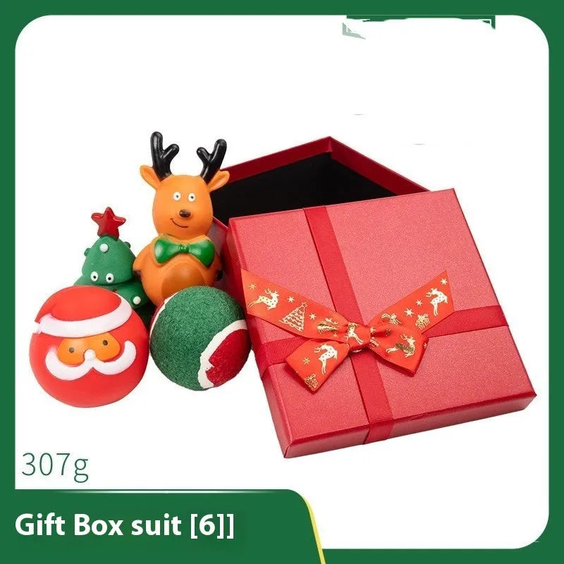 Christmas vinyl dog chew toys gift sets with festive designs including trees, Santa heads, and bite ropes