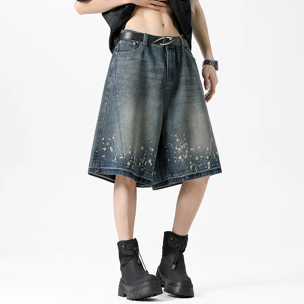 Men's retro blue denim shorts with ripped splash ink pattern and straight cut design