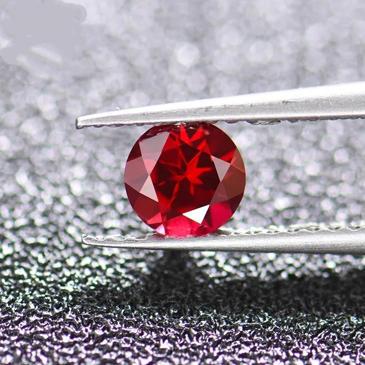 Cultured ruby gemstone in pigeon blood red colour showing different carat sizes and cut styles