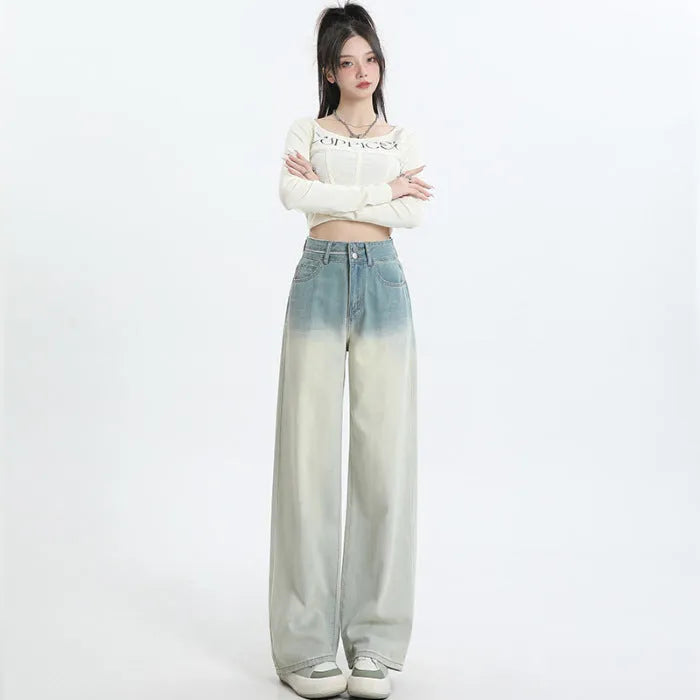 Women's gradient blue straight-leg denim trousers with wide-leg style on hanger