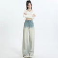 Women's gradient blue straight-leg denim trousers with wide-leg style on hanger