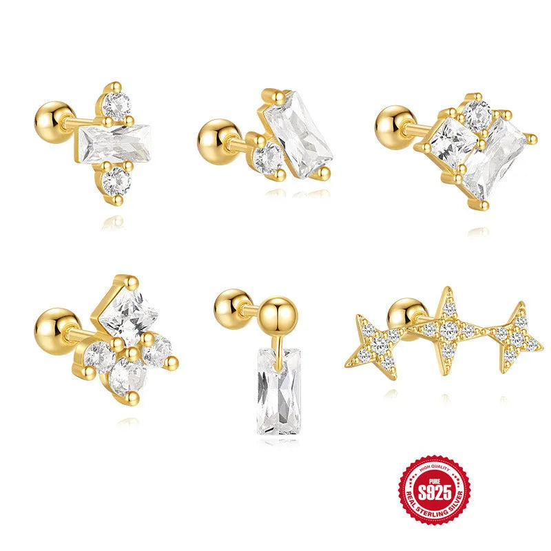 S925 sterling silver square floral stud earrings with red gravel accents in golden colour