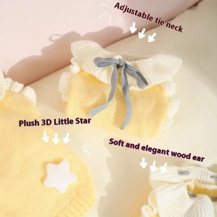 Autumn acrylic puppy sweater in yellow XINGX design with size chart showing measurements