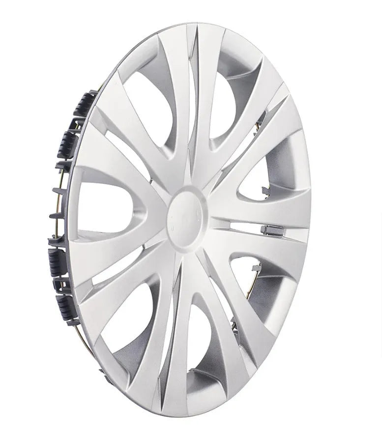 Universal car wheel hub cover in ABS plastic showing black, silver, and electroplated finish options.