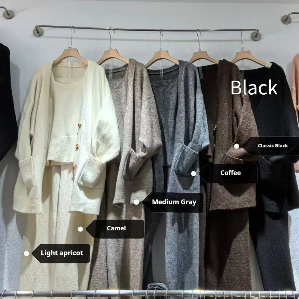Women's wool blend knit cardigan three-piece set with suspender casual pants in loose fit Japanese Korean style