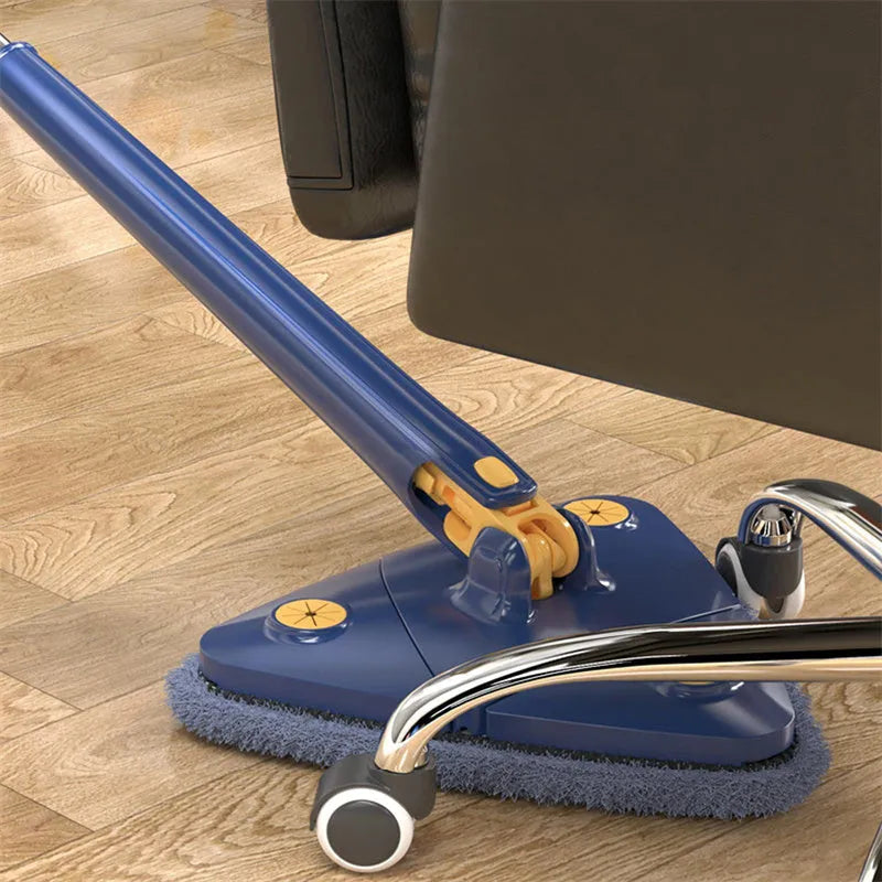 Blue extendable triangle cleaning mop with 360-degree rotating head and microfiber cloth