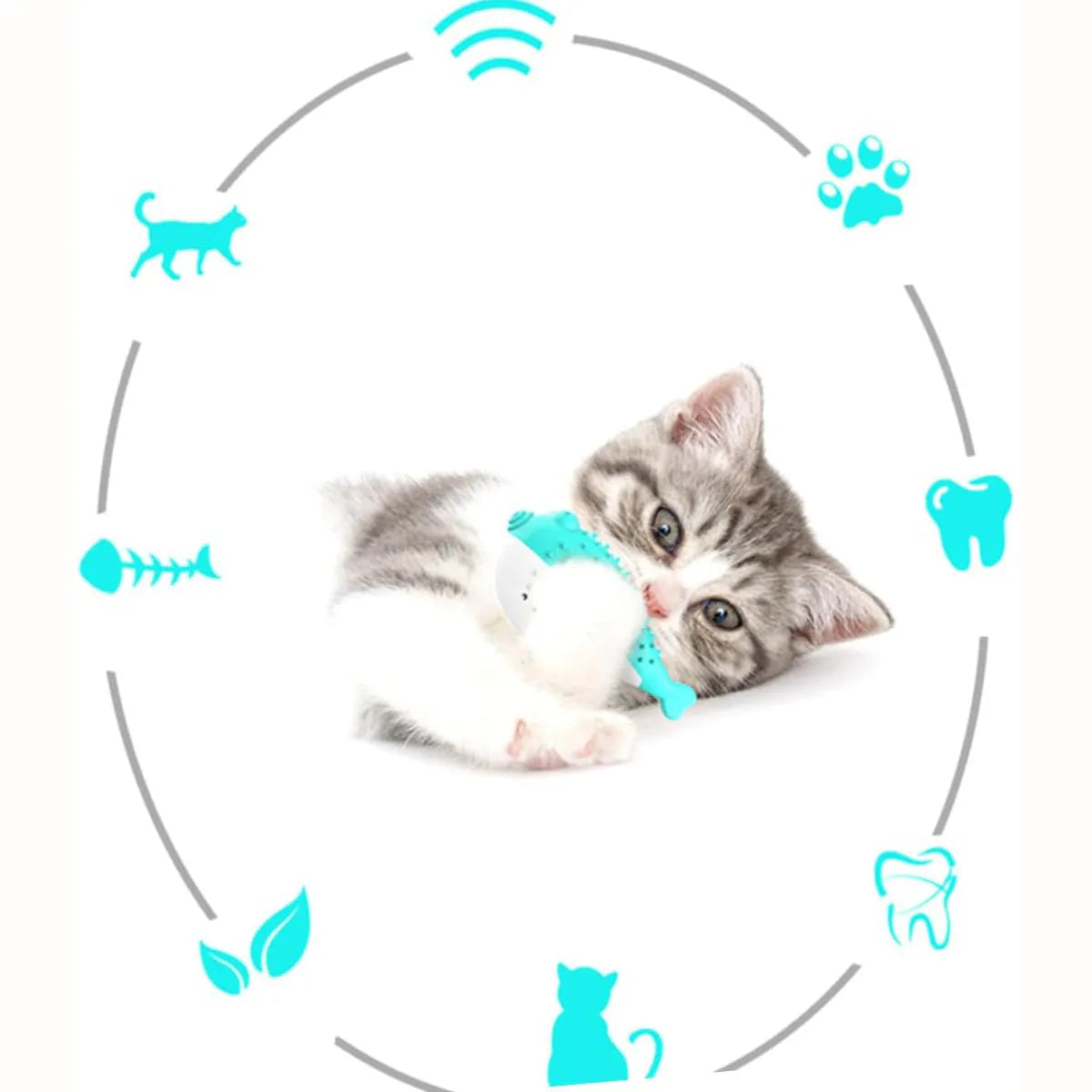 Silicone fish-shaped cat chew toy with grabbing feature in blue, green, pink or yellow options