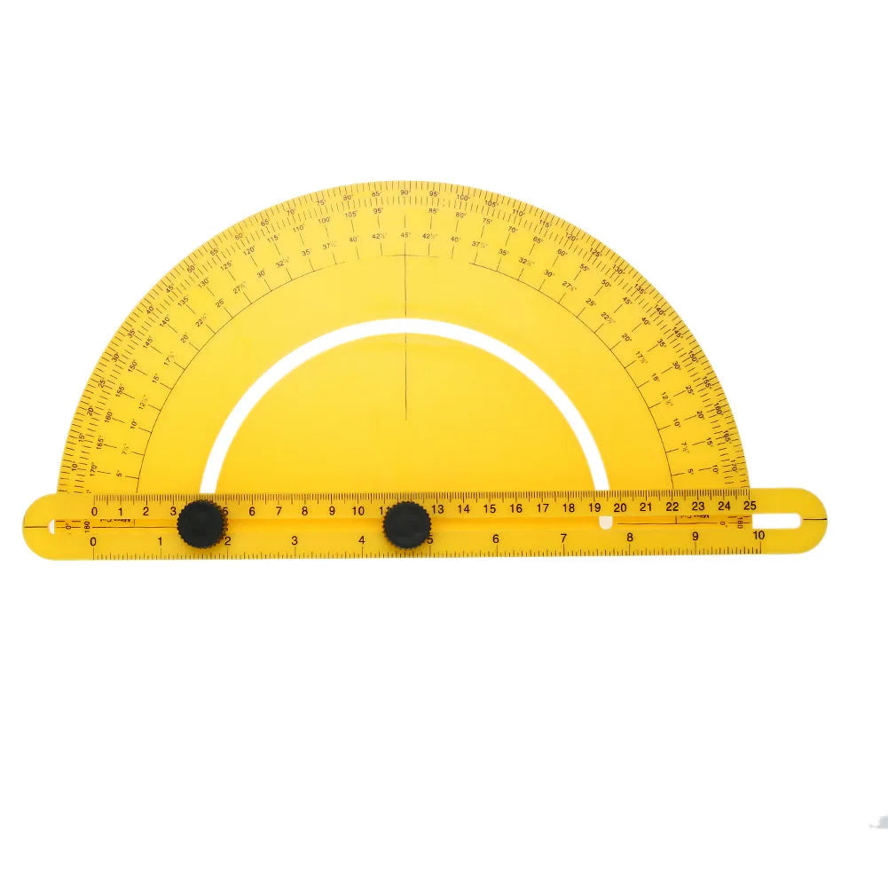 White plastic 180-degree angle measuring tool with scale board and arm for carpentry and tiling.