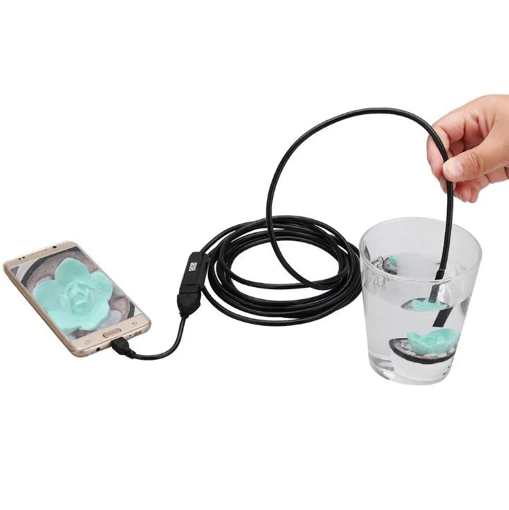 OWSOO USB endoscope with 7mm camera, 5m cable, hook, magnet, and side audition tools on a white background.
