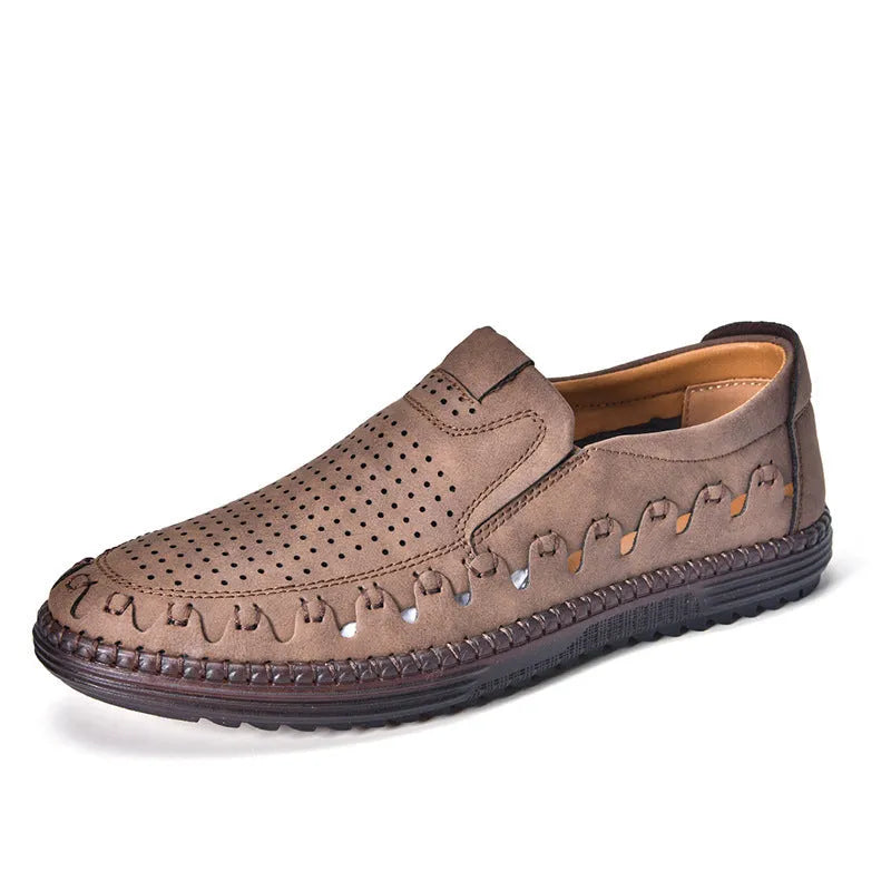 Men's brown slip-on casual shoes with round toe and flat PVC sole showing sewing line detailing