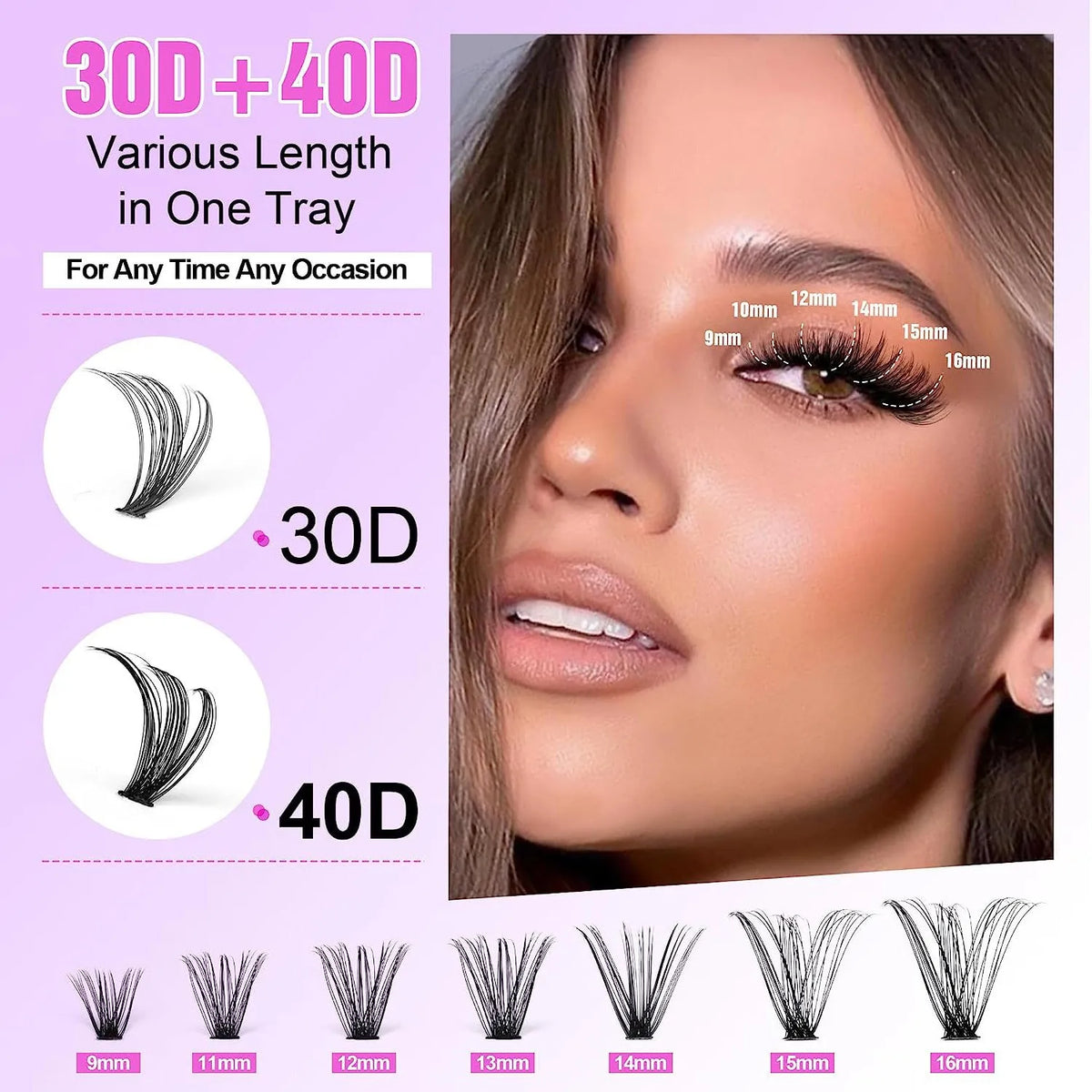 DIY cluster false eyelashes mixed package showing 30D and 40D high-grade fibre lashes and tweezers