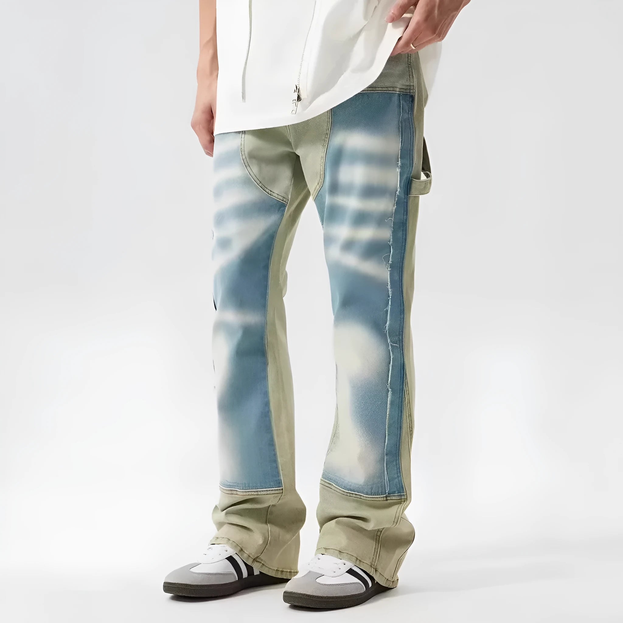 Men's retro jeans with yellow and blue patchwork denim and distressed detailing