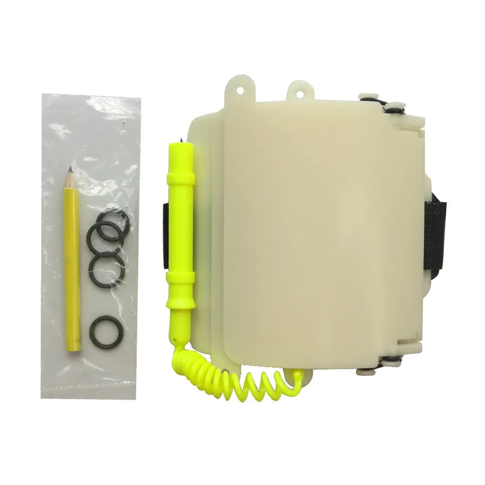 White luminous ABS dive wristboard for underwater handwriting, shown with pencil and O-ring.