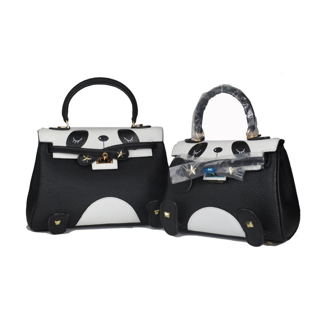 Panda print cow leather handbag in horizontal square shape with animal pattern