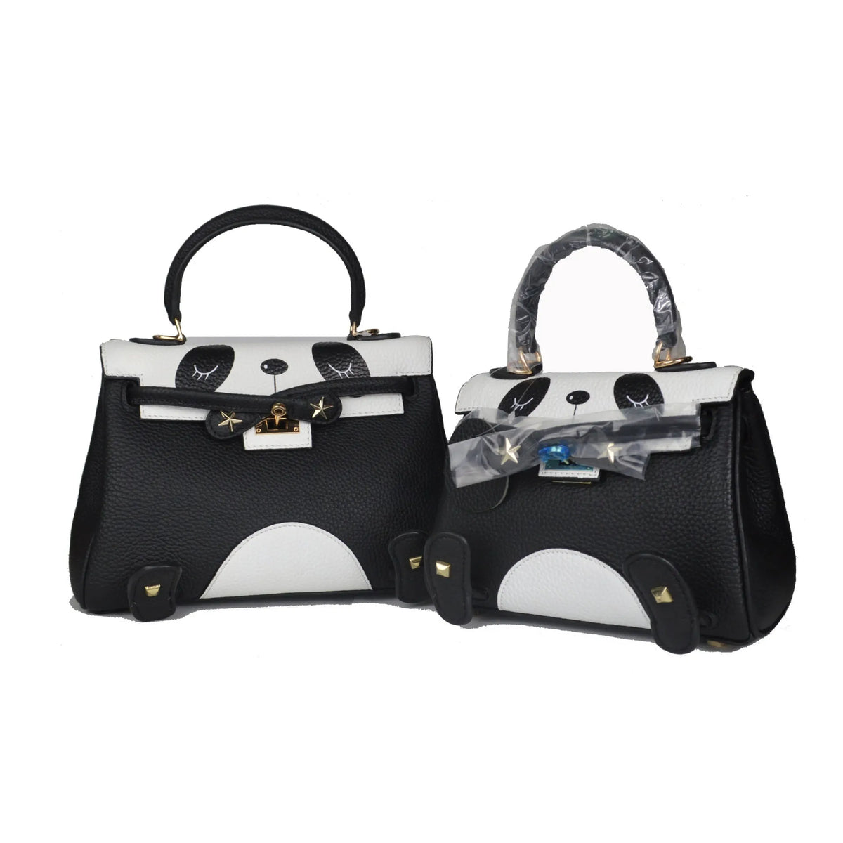 Panda print cow leather handbag in horizontal square shape with animal pattern