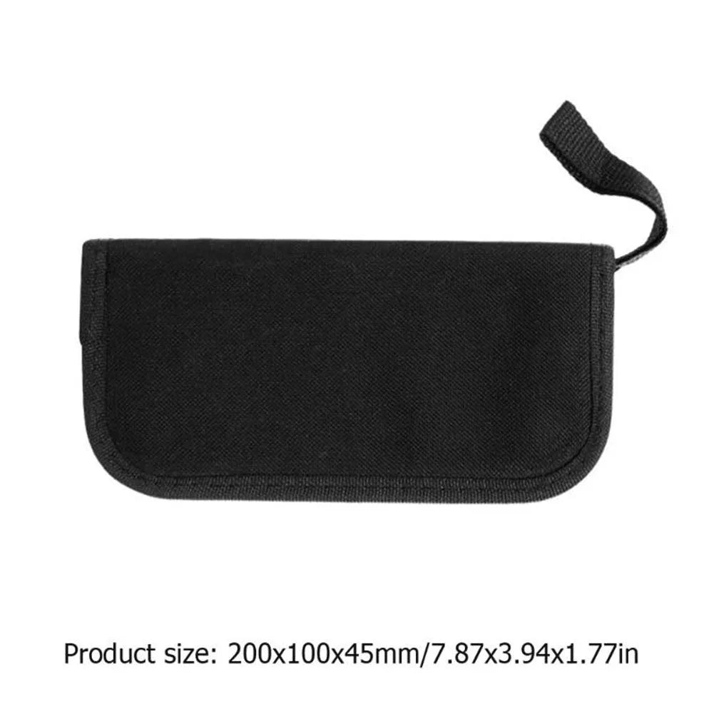 Black plastic guitar repair tool kit case open to show metal and plastic tools for guitar, bass, mandolin, banjo.
