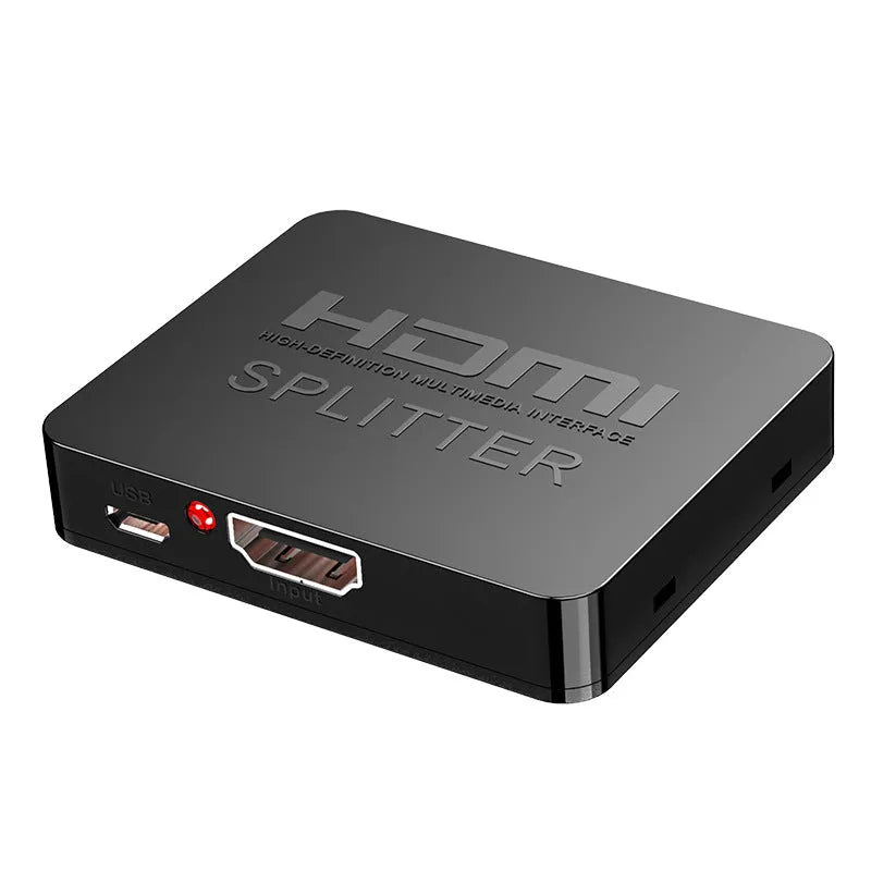 4K HDMI splitter device with one input and two output ports, shown with a USB power cable.
