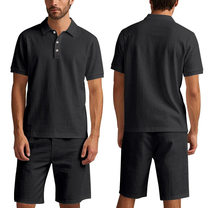 Men's linen blend shorts suit in apricot colour with short sleeves and casual fit
