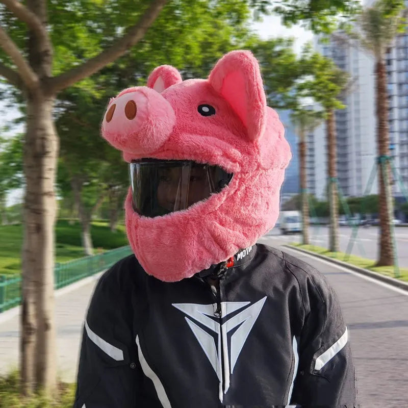 Pink pig cartoon plush helmet protective hood made from PV velvet cloth fabric with protective sleeve