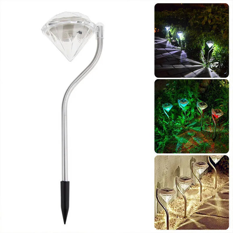 White solar-powered garden spotlight with adjustable head on a metal stake for outdoor use.