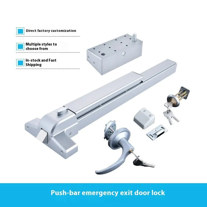 Stainless steel external push lock handle for a 65cm wide fireproof door.