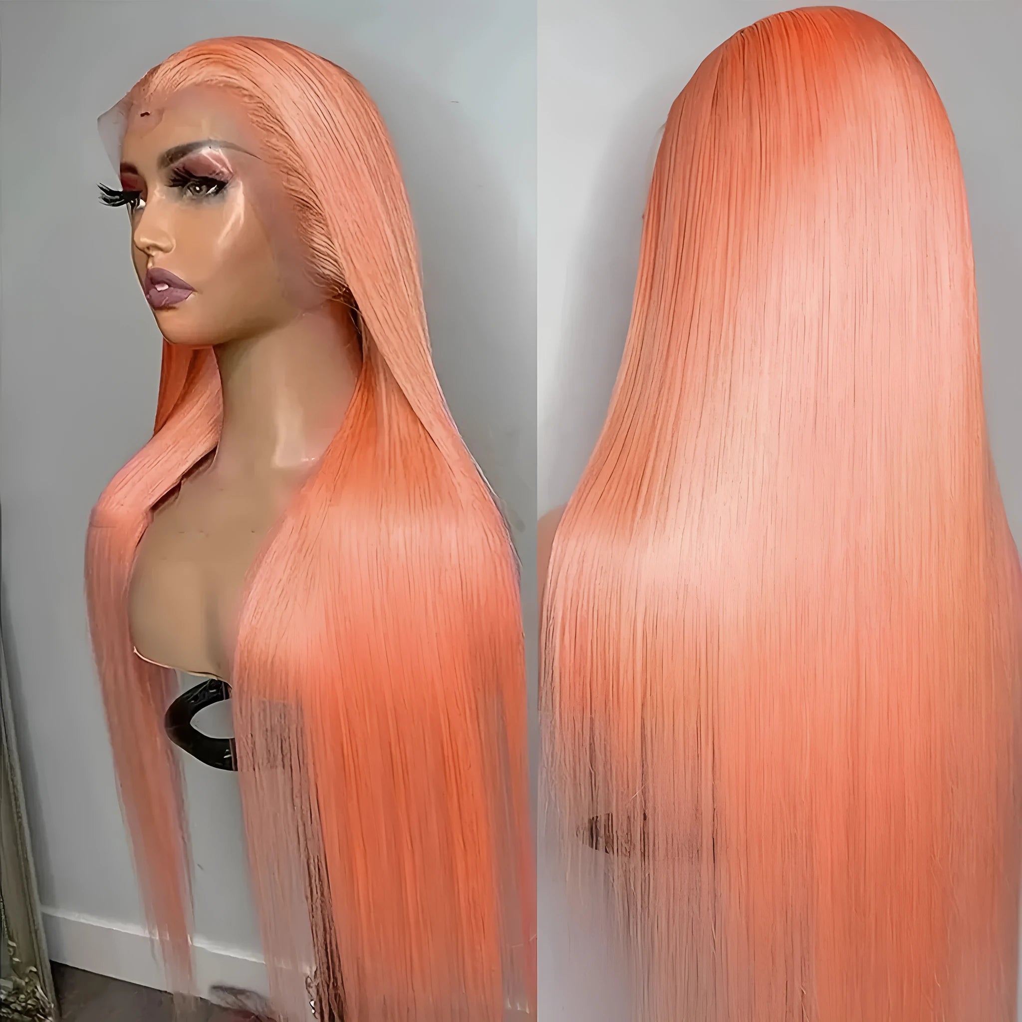 Light orange long straight synthetic wig with front lace and side bangs on a model.