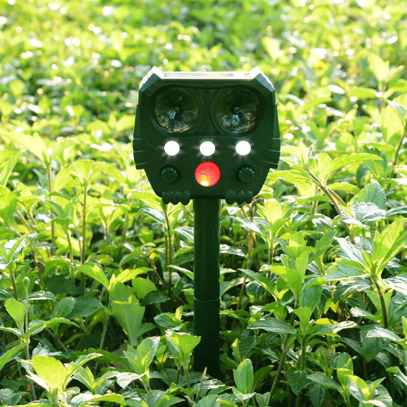 Green solar-powered ultrasonic animal repeller unit with solar panel on top