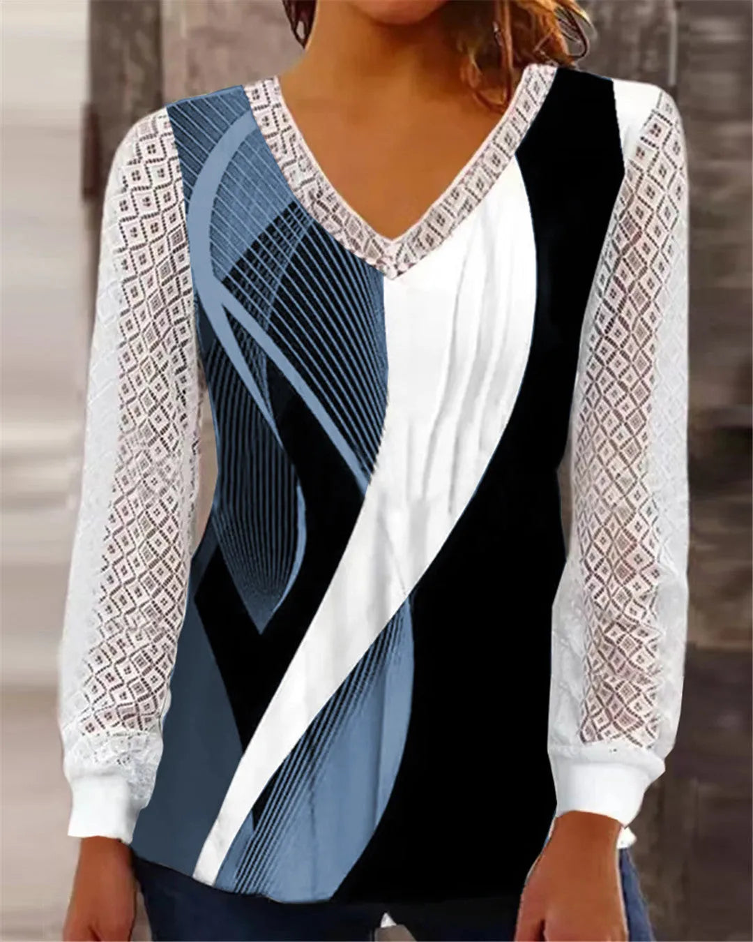 Women's V-neck loose lace top with hollow-out detailing in purple, wine red, gray or blue