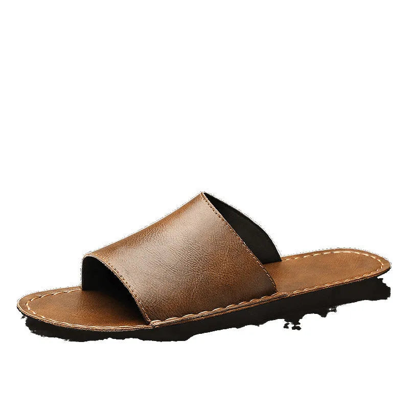 Men's brown leather outdoor sandals with a rubber sole on a white background