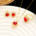 Women's titanium steel heart necklace with floral design and matching earrings and ring set in gold-red electroplated finish