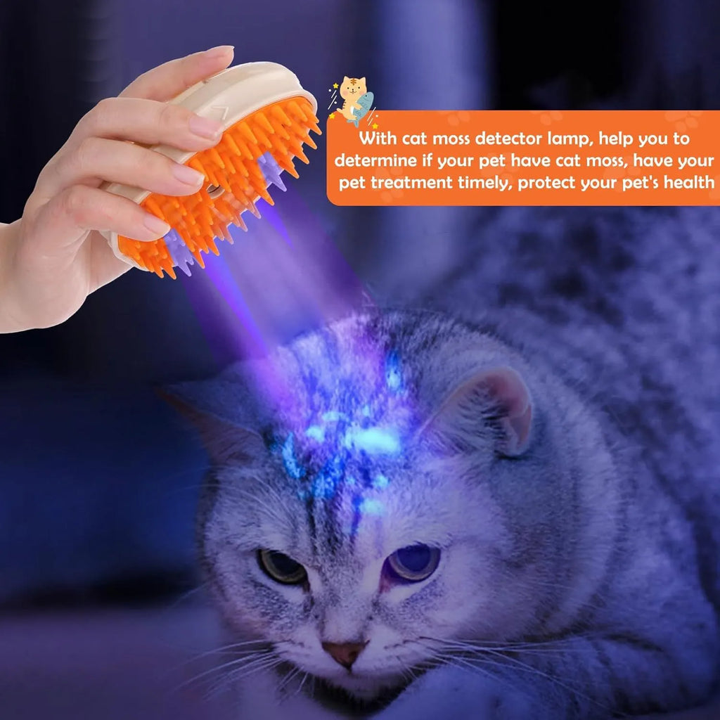 Yellow 4-in-1 cat steam brush with vibration massage and ringworm detector for pet grooming