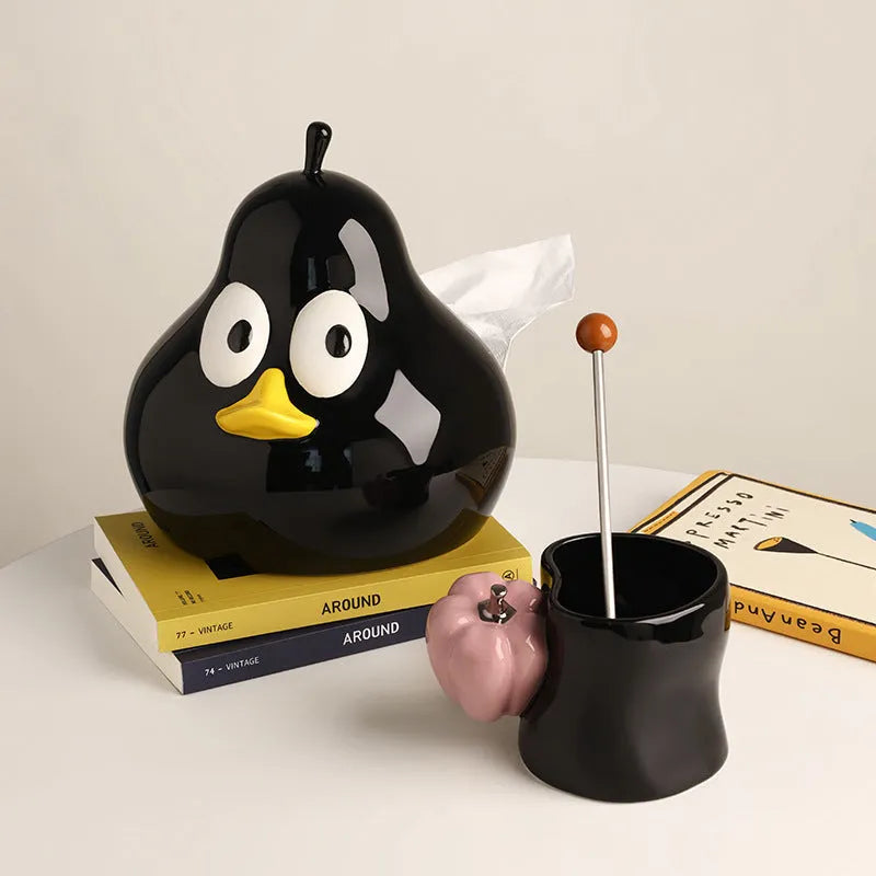 White ceramic pear-shaped tissue box with animal theme in green colour option