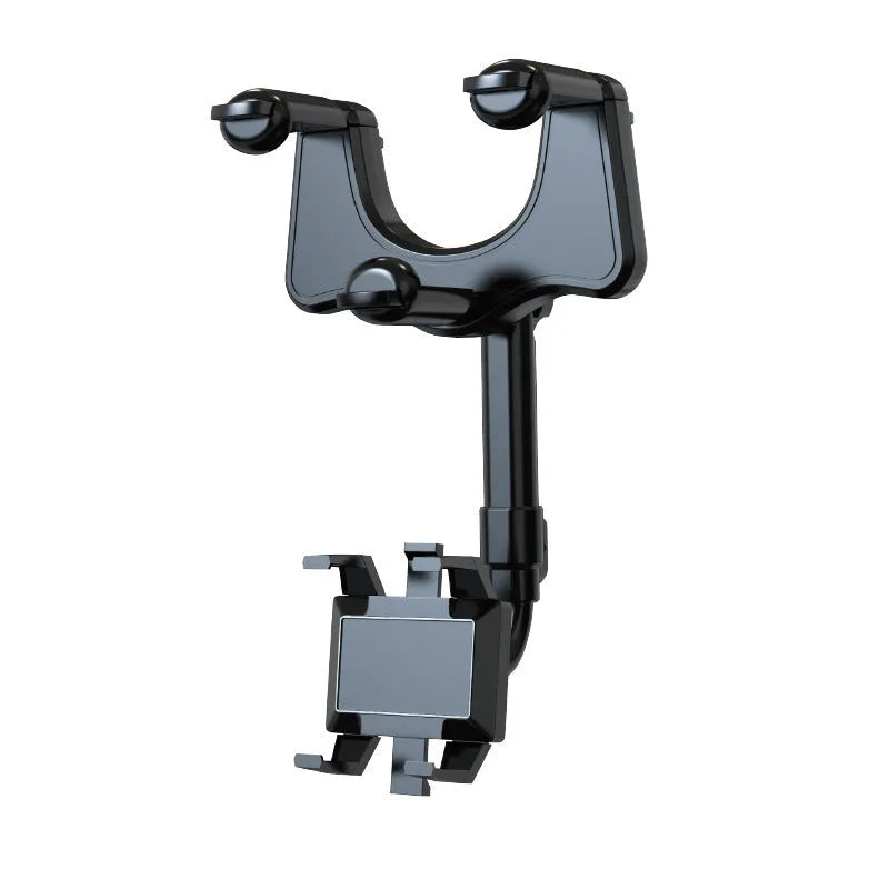 Black rearview mirror phone holder with 360-degree rotation mounted on car mirror holding mobile phone