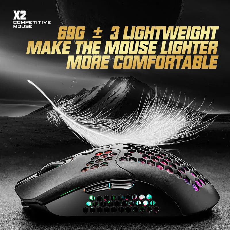 Free Wolf X2 wireless gaming mouse in black, showing RGB lighting and ergonomic shape.