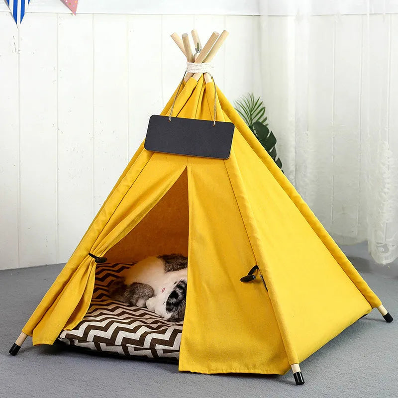 Striped linen pet teepee tent bed for small dogs and cats with cushion inside