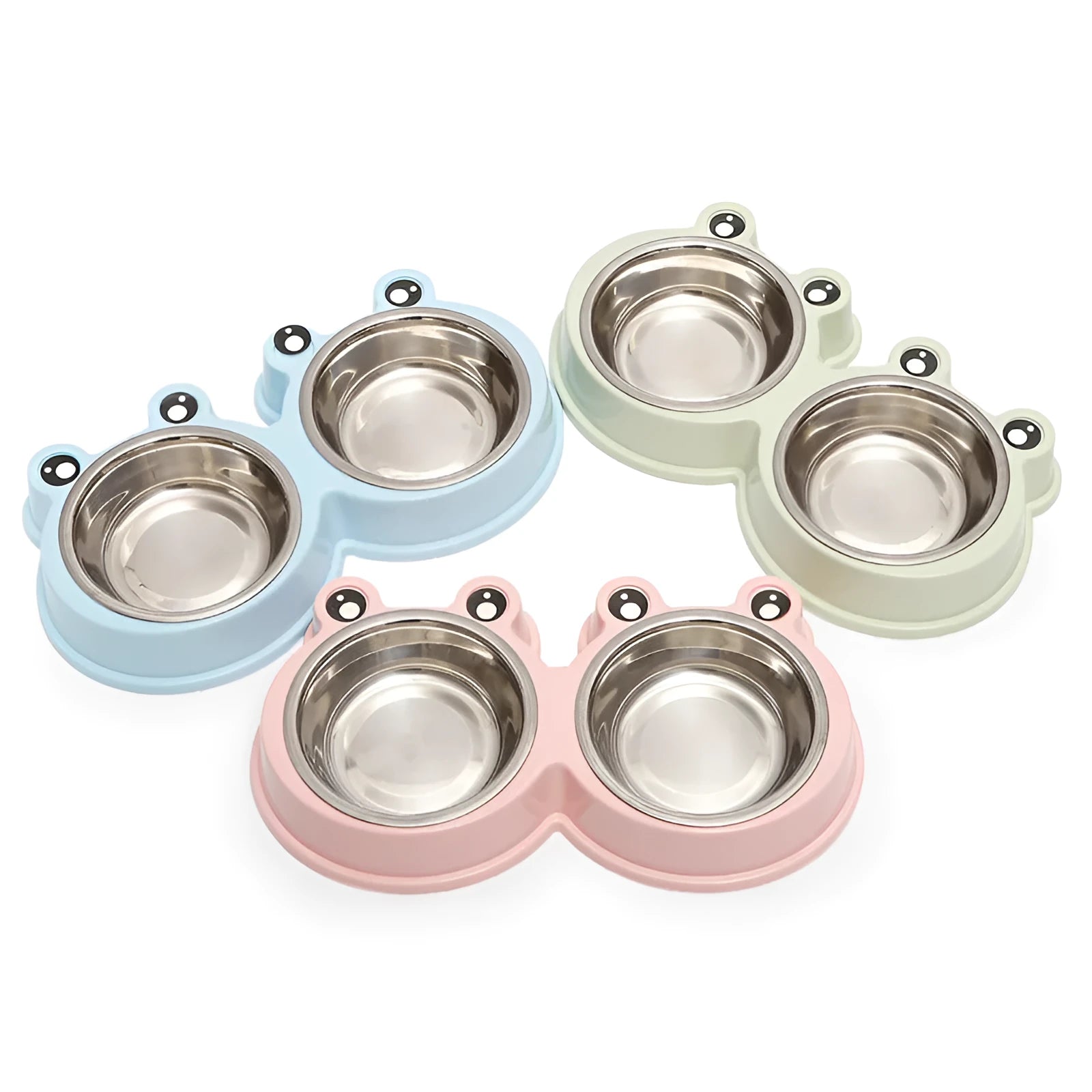 Blue frog-shaped pet double bowl with two stainless steel compartments for food and water