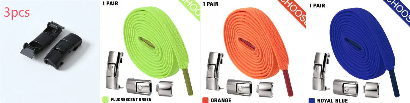Press lock elastic no-tie shoelaces with widened 8mm flat profile in assorted colours