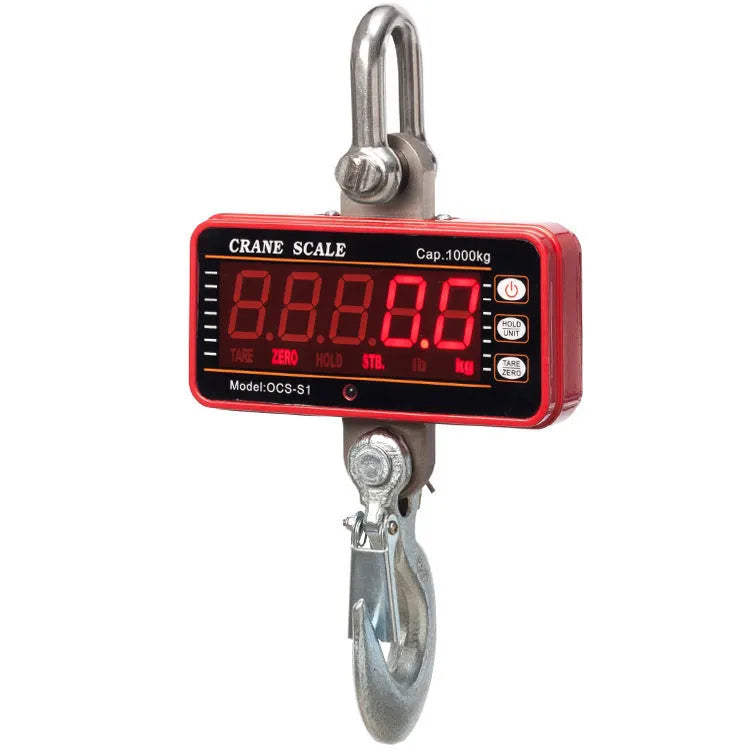Orange electronic crane scale with digital display and hook attachment for 500 kg weighing capacity