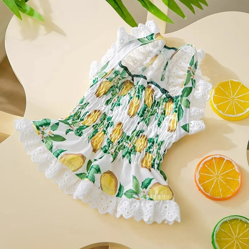 Rock yellow lemon polyester princess-style dog skirt dress with thin breathable fabric and straps.