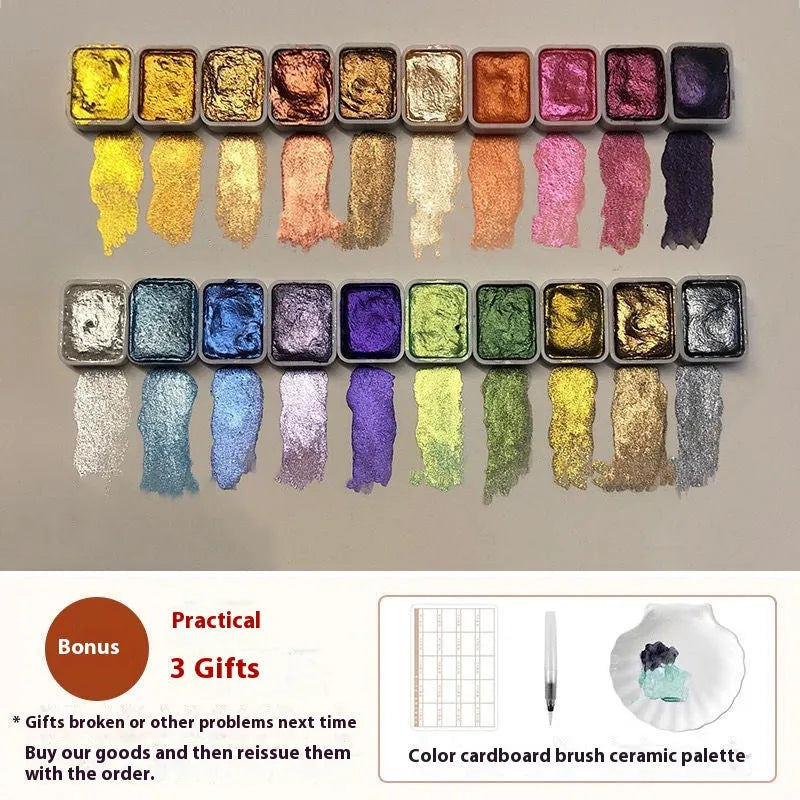 Traditional Chinese painting mineral pearlescent watercolour set showing tubes and palettes.