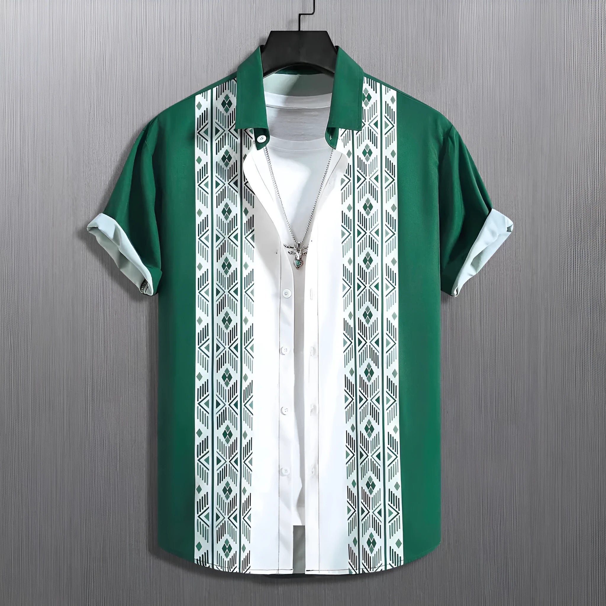 Men's plaid short-sleeved summer shirt in polyester with elastic band fabric